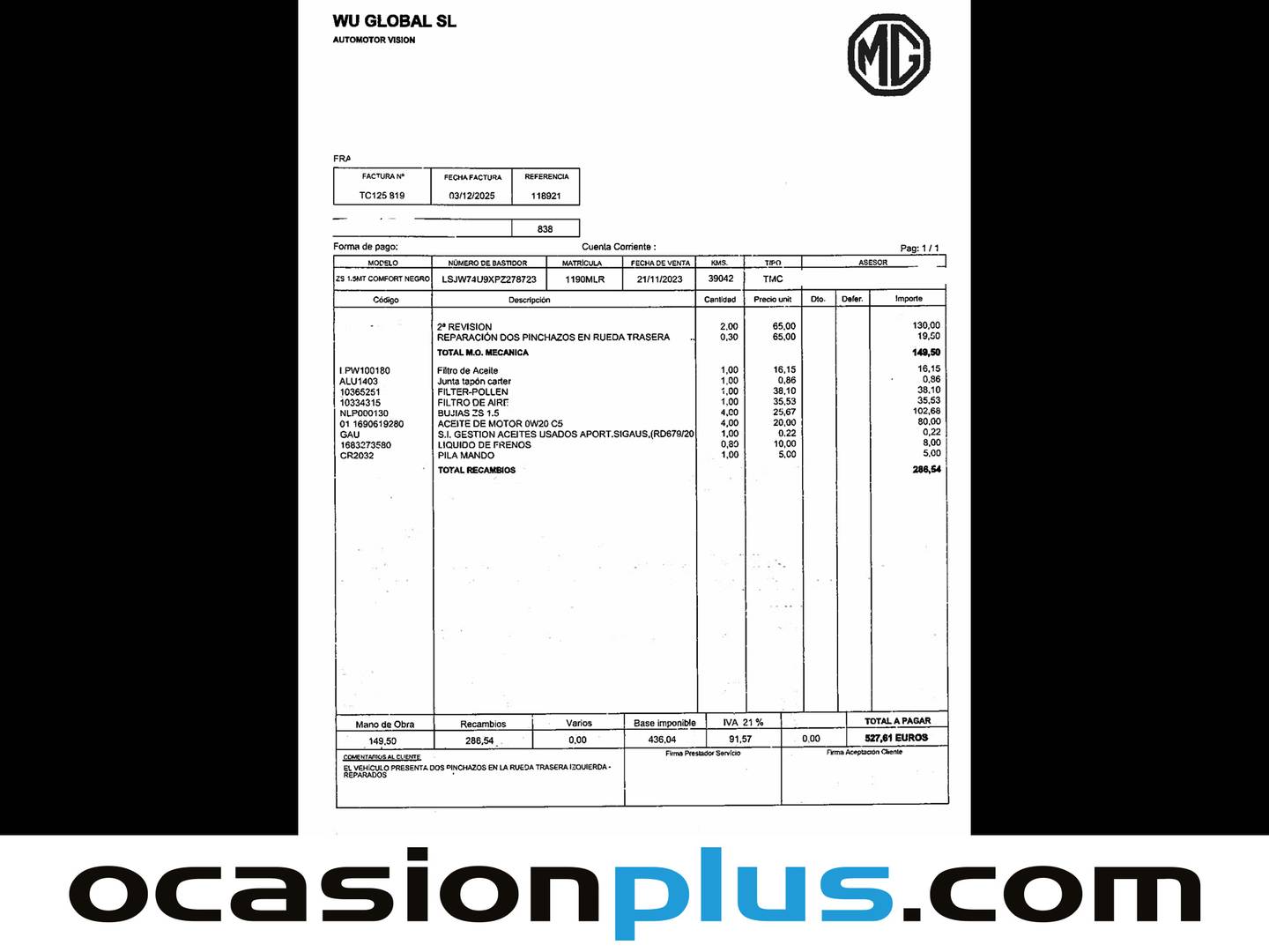 Foto del mantenimiento del MG ZS MG ZS 1.5 Comfort (106 CV)