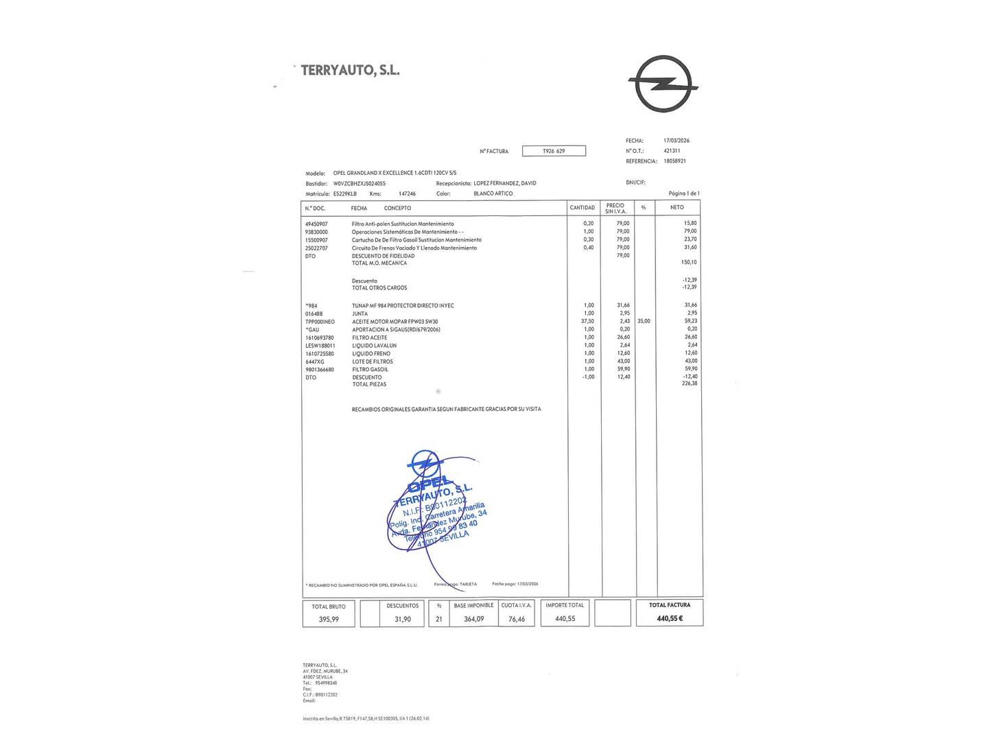 Foto del mantenimiento del Opel Grandland X Opel Grandland X 1.6 CDTi Excellence (120 CV)