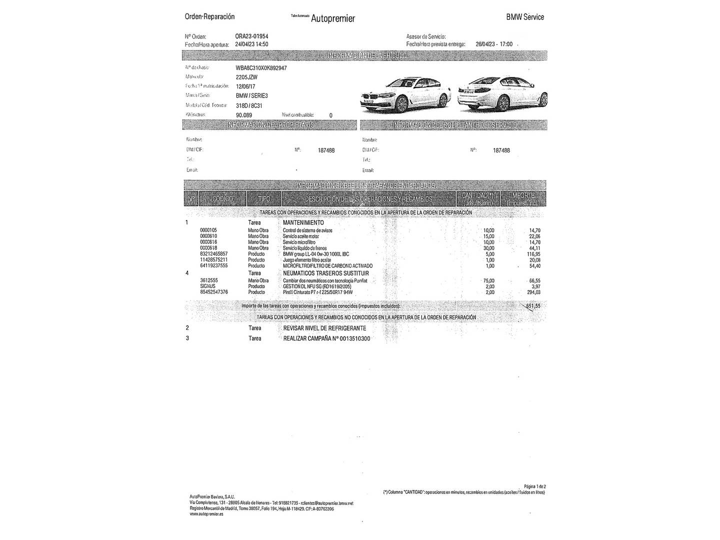 Foto del mantenimiento del BMW Serie 3 BMW Serie 3 318d (150 CV)
