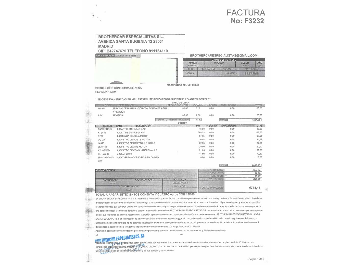 Foto del mantenimiento del Renault Clio Renault Clio Dynamique dCi (90 CV) Pack GT Line