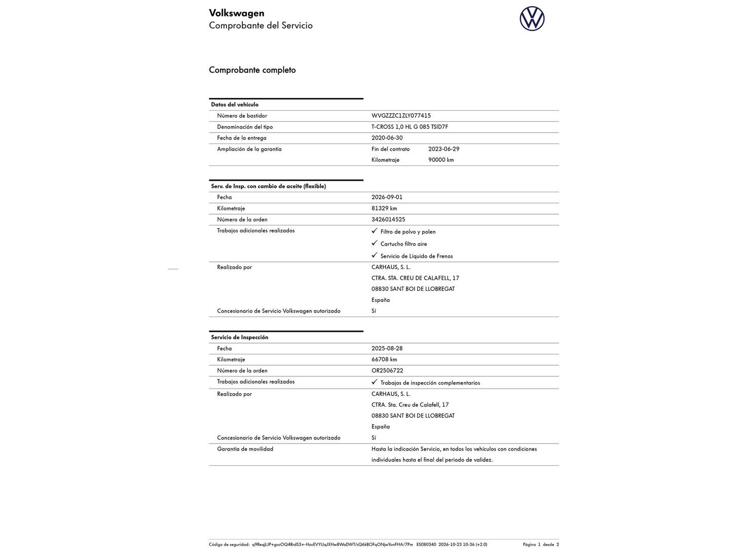 Foto del mantenimiento del Volkswagen T-Cross Volkswagen T-Cross Sport 1.0 TSI (115 CV) DSG