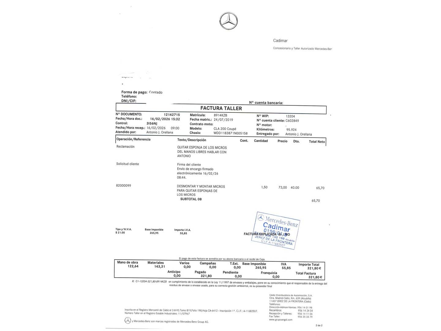 Foto del mantenimiento del Mercedes CLA Mercedes-Benz CLA CLA 200 (163 CV)