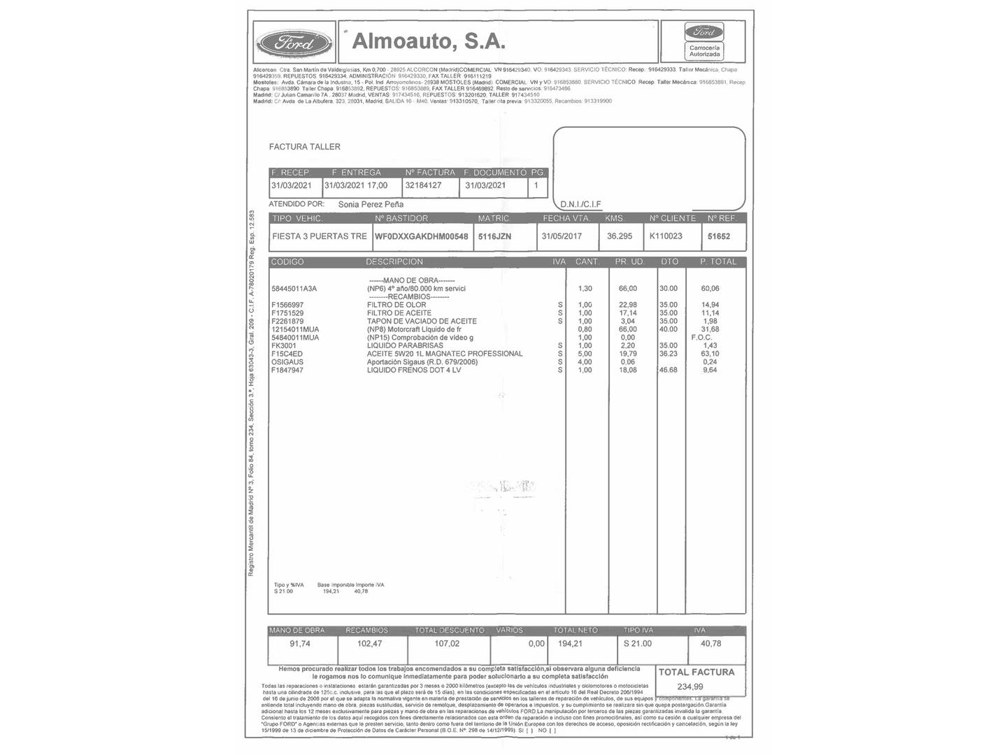 Foto del mantenimiento del Ford Fiesta Ford Fiesta 1.0 EcoBoost S&S Trend (100 CV)