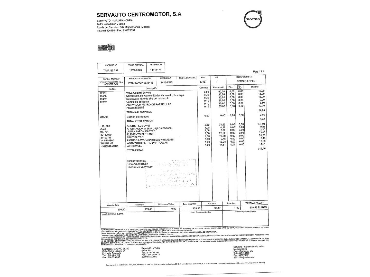 Foto del mantenimiento del Volvo XC90 Volvo XC90 B5 D Momentum Pro AWD Auto (235 CV)