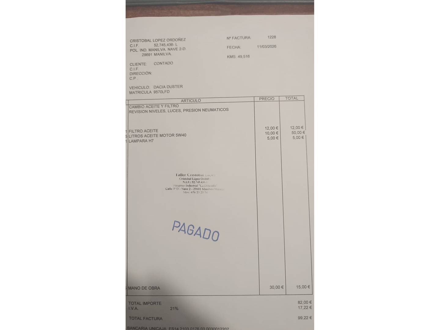 Foto del mantenimiento del Dacia Duster Dacia Duster Prestige TCE (130 CV) 4X2 GPF