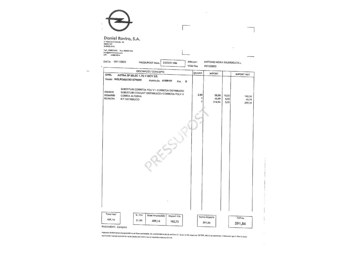 Foto del mantenimiento del Opel Astra Opel Astra 1.7 CDTI Selective (110 CV)