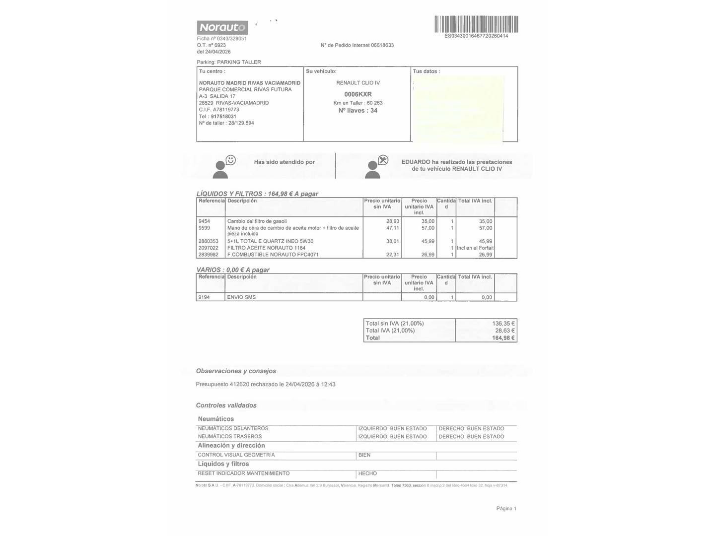 Foto del mantenimiento del Renault Clio Renault Clio Zen dCi (90 CV) EDC
