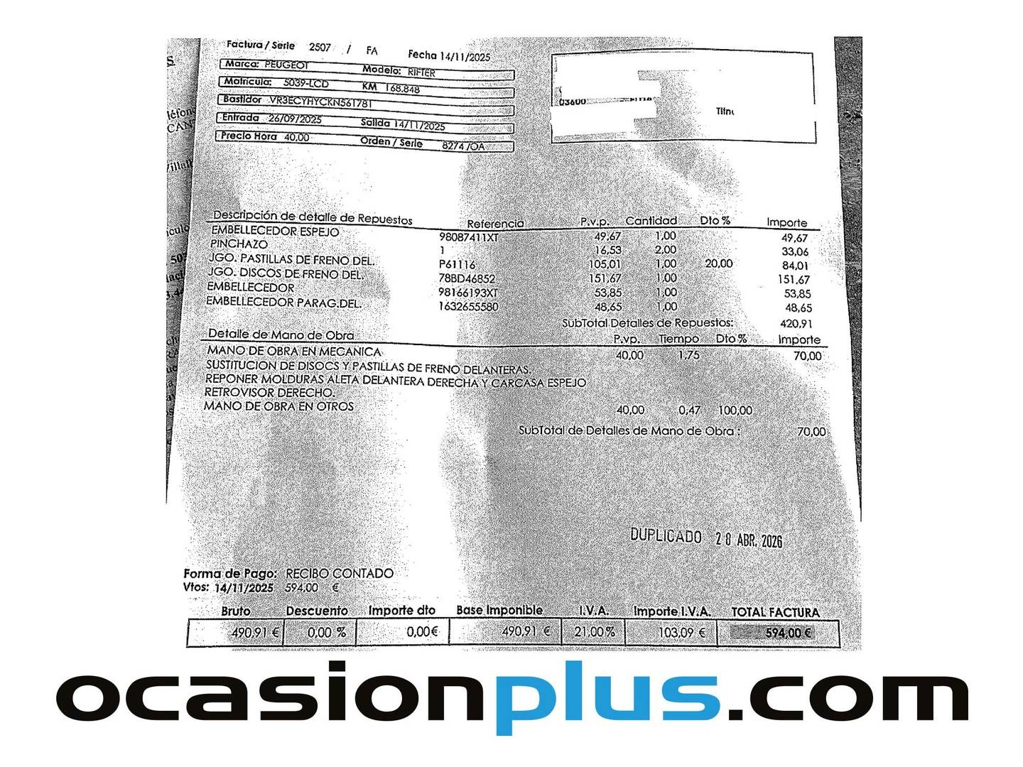 Foto del mantenimiento del Peugeot Rifter Peugeot Rifter BlueHDi 100 S&S Access Standard (100 CV)