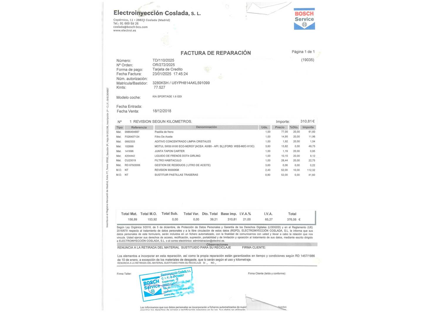 Foto del mantenimiento del KIA Sportage KIA Sportage 1.6 GDi Drive 4x2 (132 CV)