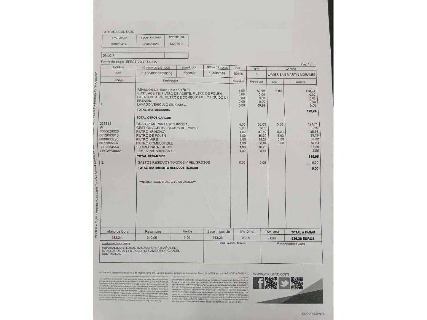 Foto del mantenimiento del Fiat 500X Fiat 500X 1.3 MultiJet Pop Star 4x2 (95 CV)