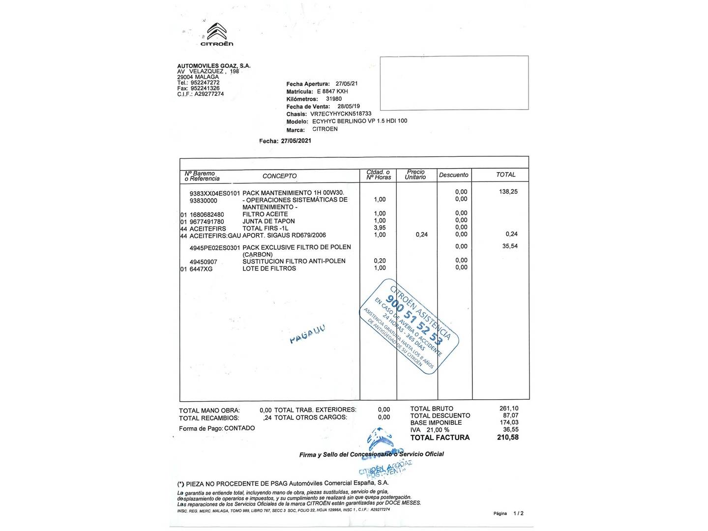 Foto del mantenimiento del Citroën Berlingo Citroën Berlingo BlueHDi 100 S&S Talla M Shine (100 CV)