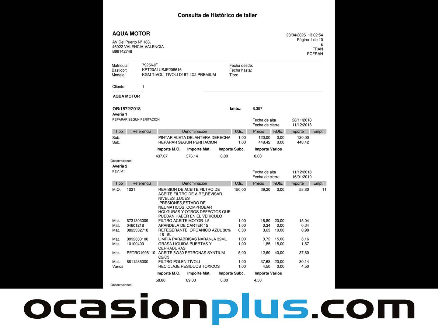 Foto del mantenimiento del SsangYong Tivoli SsangYong Tivoli D16T Premium 4x2 (115 CV)