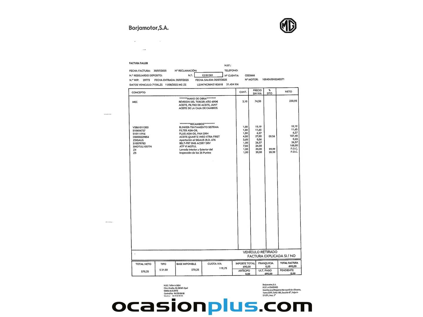 Foto del mantenimiento del MG ZS MG ZS Luxury Auto (111 CV)