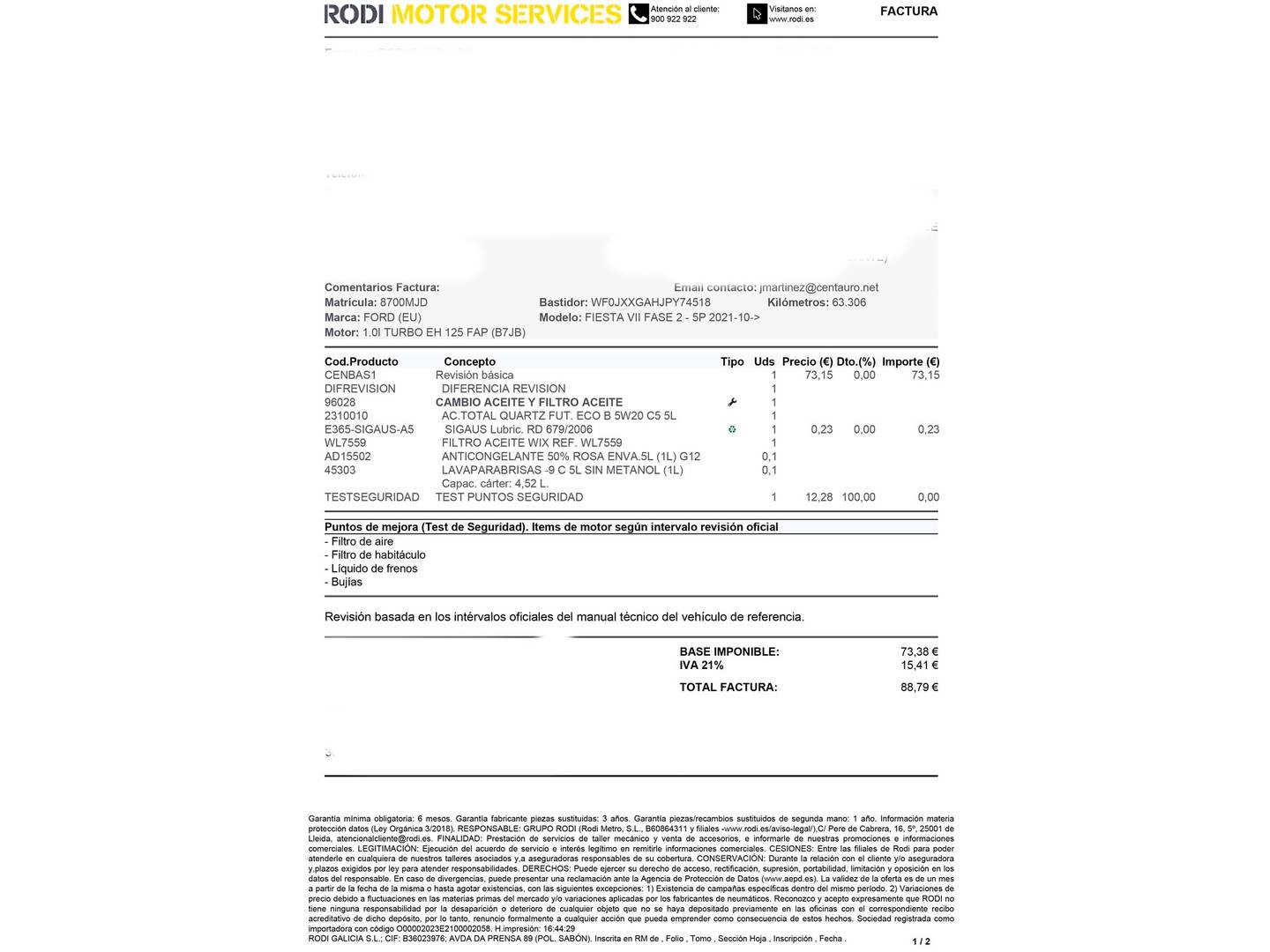 Foto del mantenimiento del Ford Fiesta Ford Fiesta 1.0 EcoBoost MHEV ST-Line (125 CV)