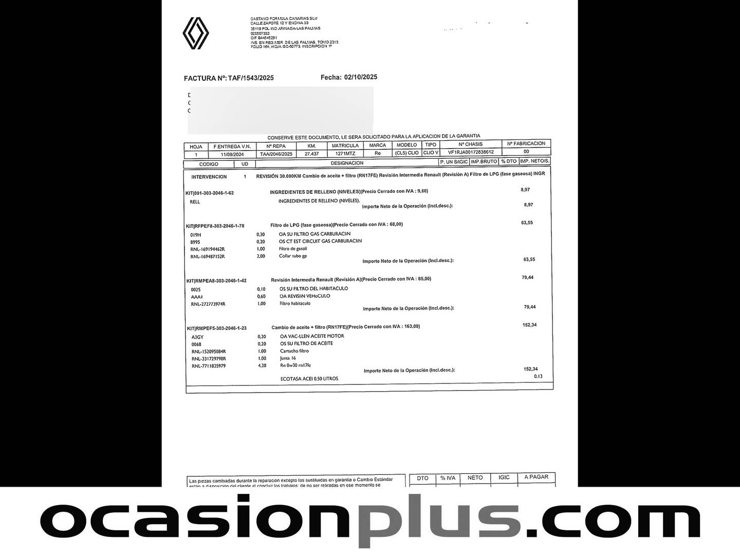 Foto del mantenimiento del Renault Clio Renault Clio Evolution TCe (100 CV) GLP