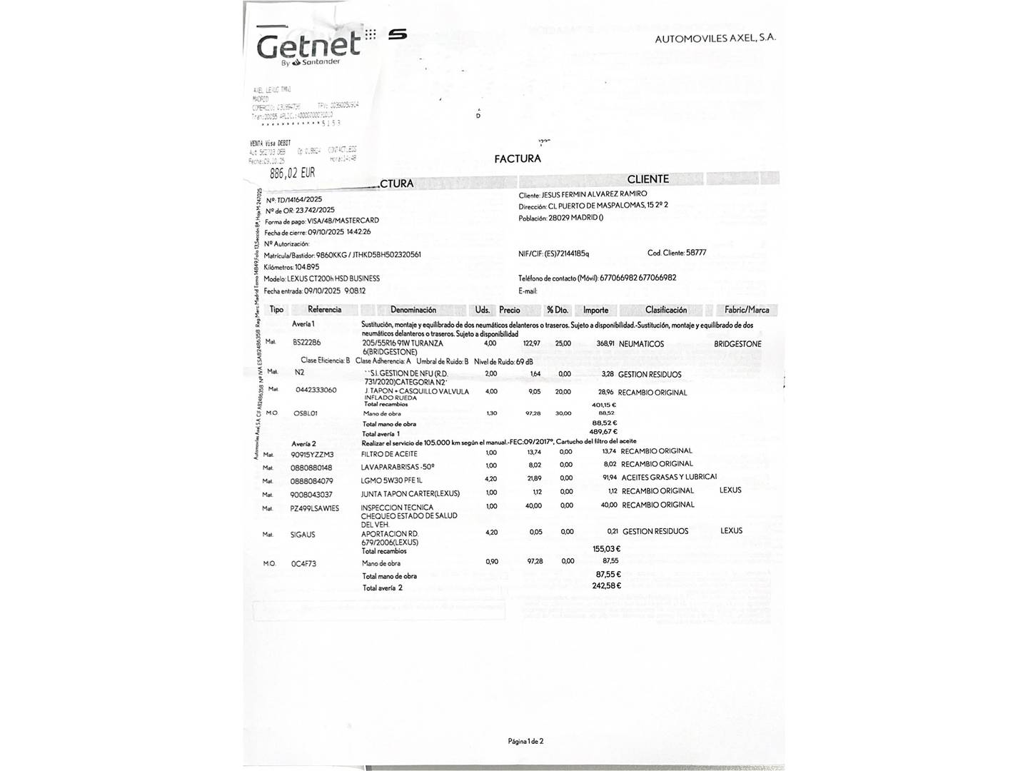 Foto del mantenimiento del Lexus CT Lexus CT CT 200h Business (136 CV)