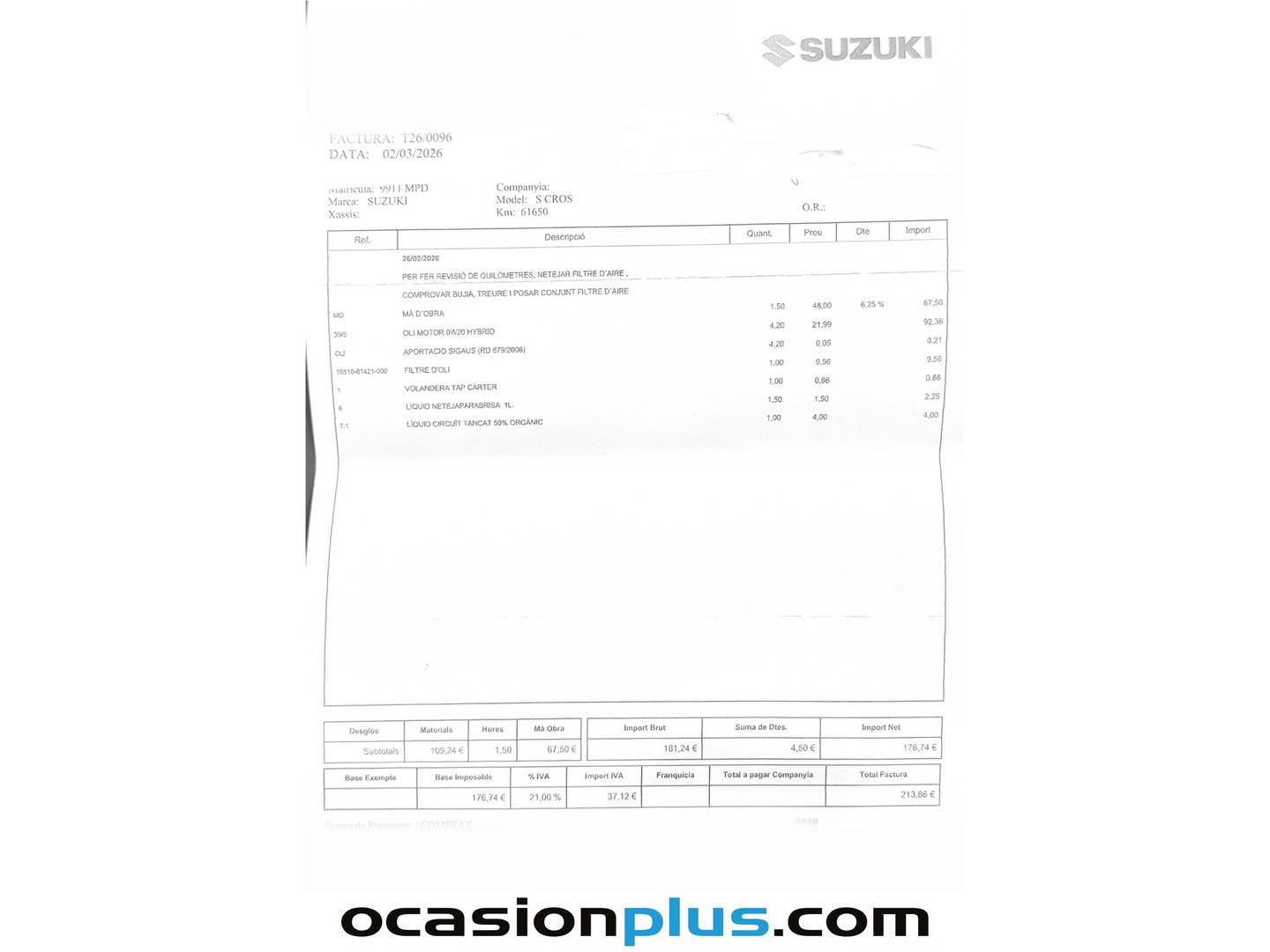 Foto del mantenimiento del Suzuki S-Cross Suzuki S-Cross 1.4T Mild Hybrid S2 4WD (129 CV)