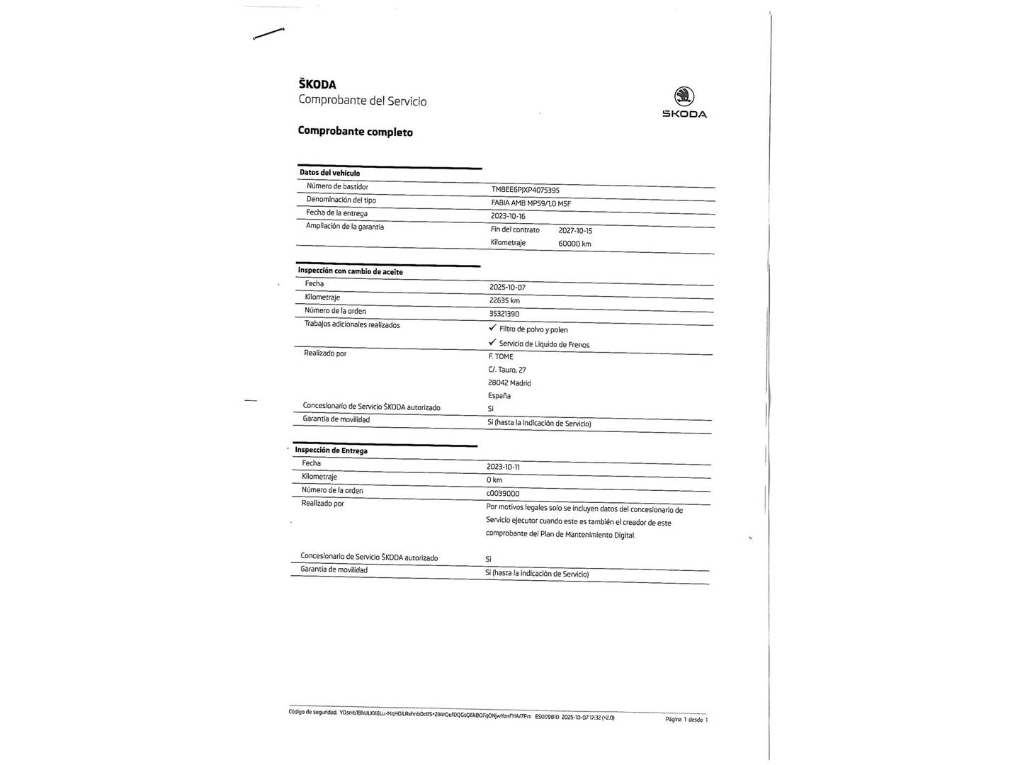 Foto del mantenimiento del Skoda Fabia Skoda Fabia 1.0 MPI Ambition (80 CV)