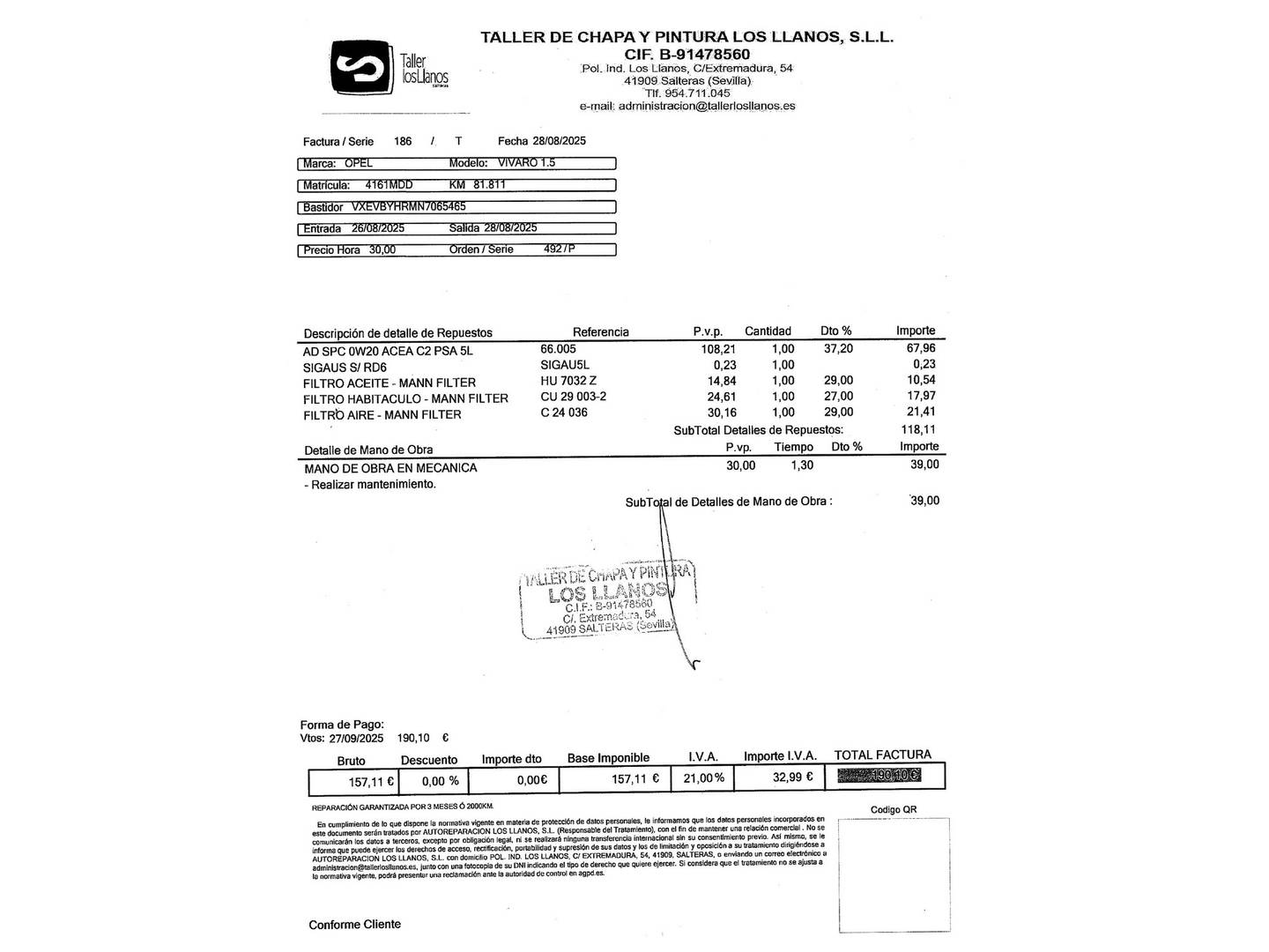 Foto del mantenimiento del Opel Vivaro Opel Vivaro 1.5 Diésel L Incrementada Select  (102 CV)