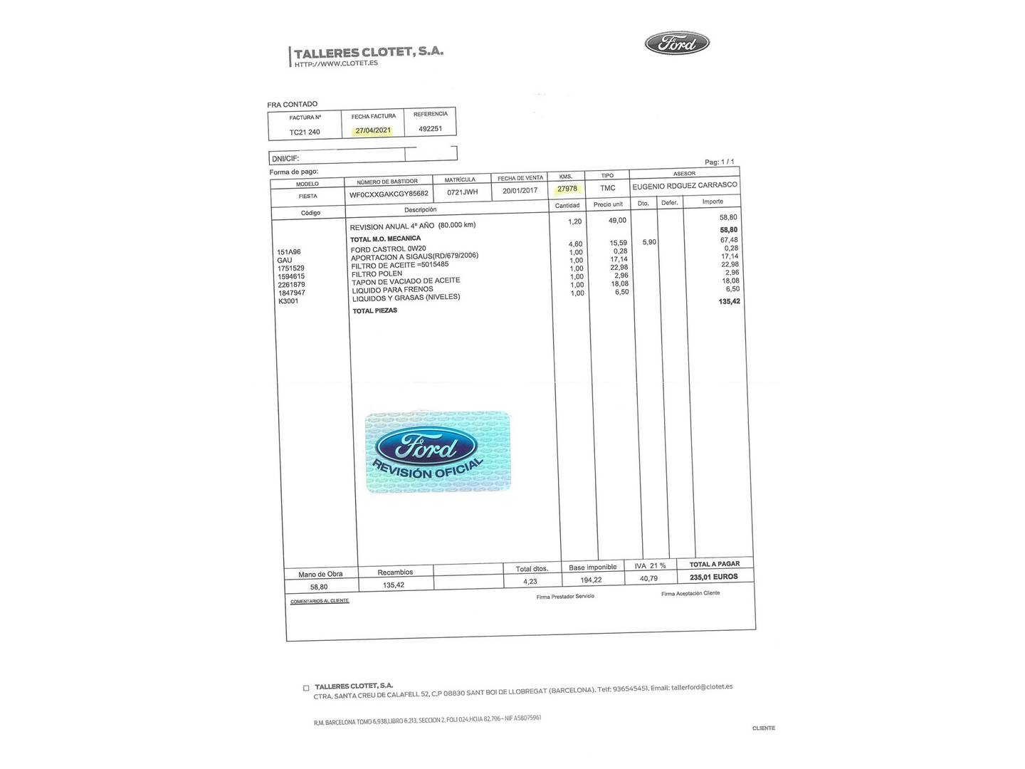 Foto del mantenimiento del Ford Fiesta Ford Fiesta 1.0 EcoBoost S&S ST-Line (140 CV)