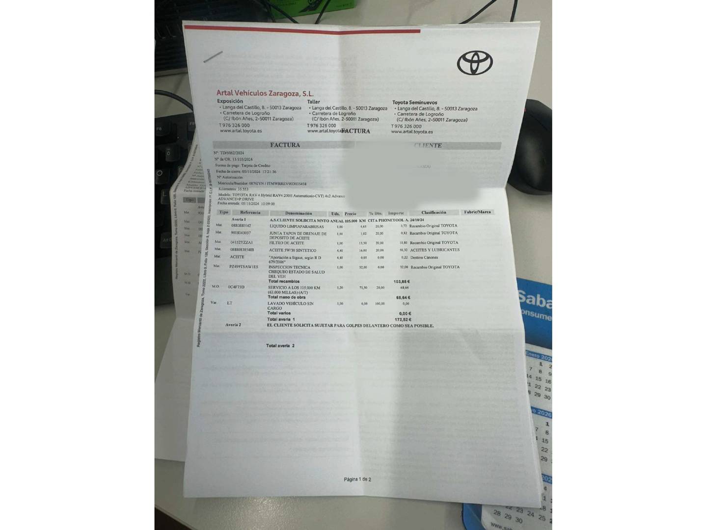 Foto del mantenimiento del Toyota Rav4 Toyota Rav4 2.5l hybrid Advance 4WD  (197 CV)