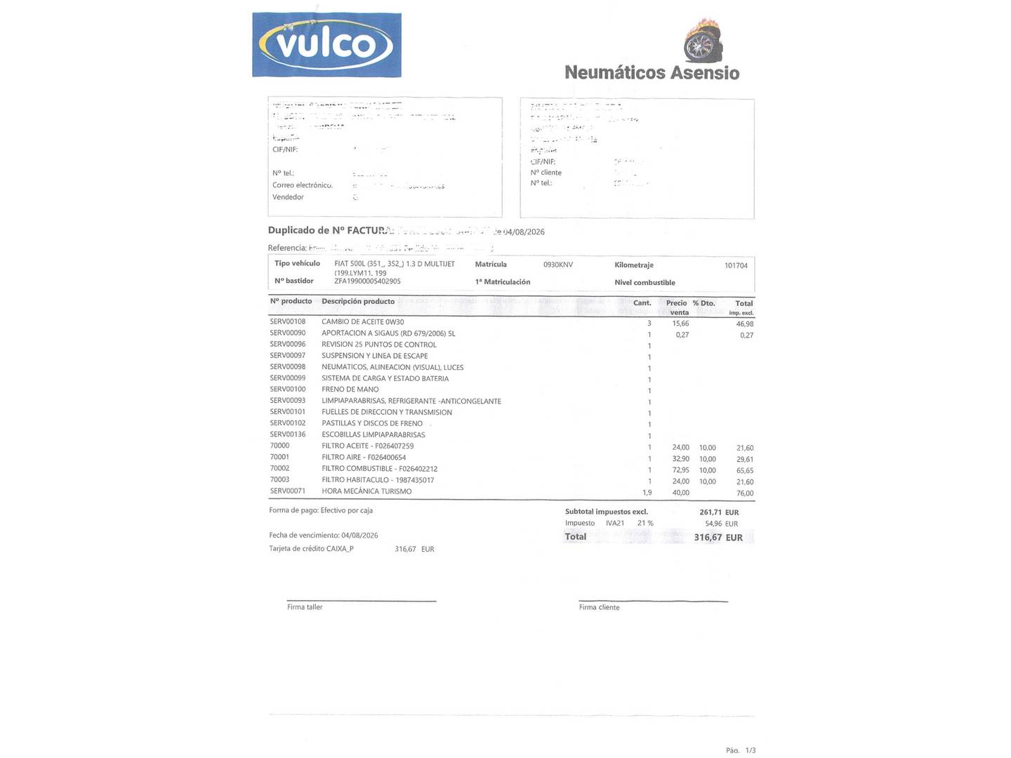 Foto del mantenimiento del Fiat 500L Fiat 500L 1.3 16v MultiJet II S&S Trekking (95 CV)