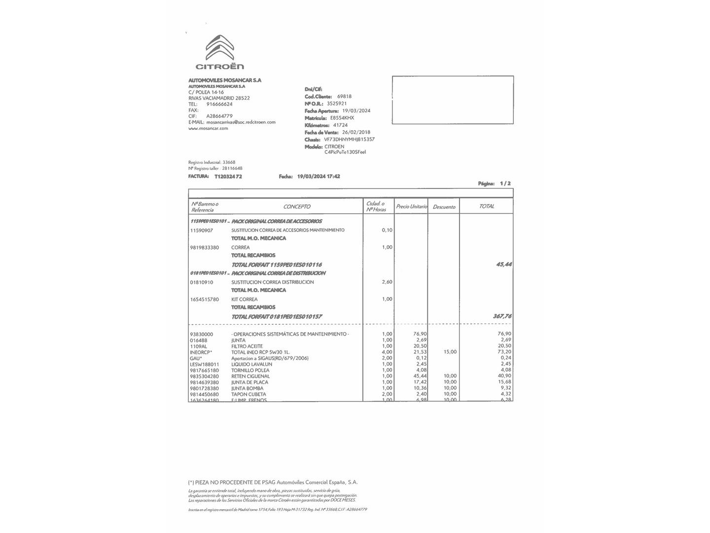 Foto del mantenimiento del Citroën C4 Picasso Citroen C4 Picasso PureTech 130 S&S Feel (130 CV)
