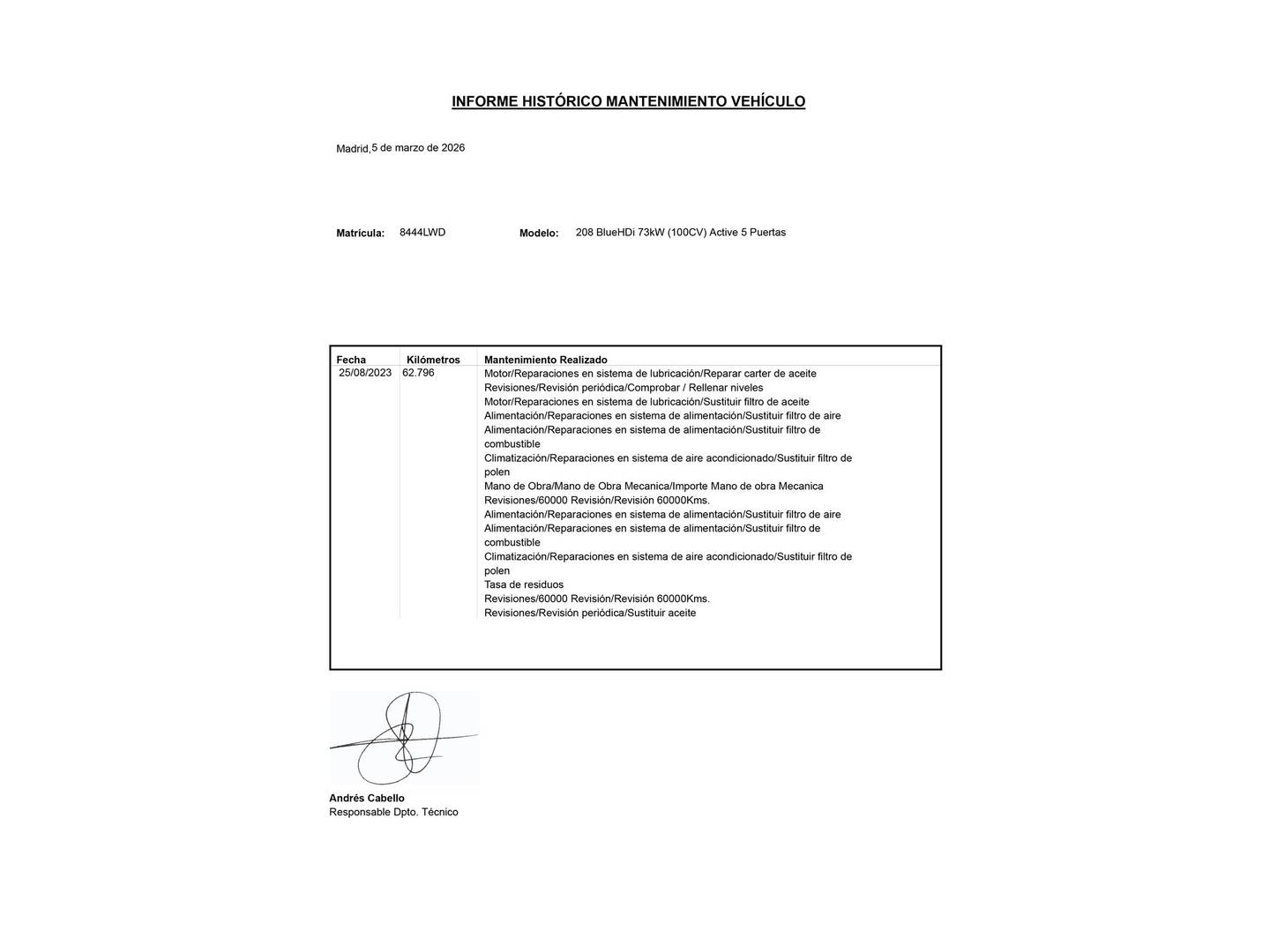 Foto del mantenimiento del Peugeot 208 Peugeot 208 BlueHDi 100 Active (100 CV)