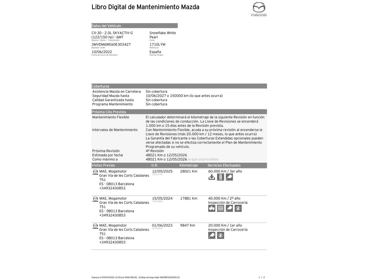 Foto del mantenimiento del Mazda CX-30 Mazda CX-30 2.0 e-Skyactiv-G Zenith (122 CV)