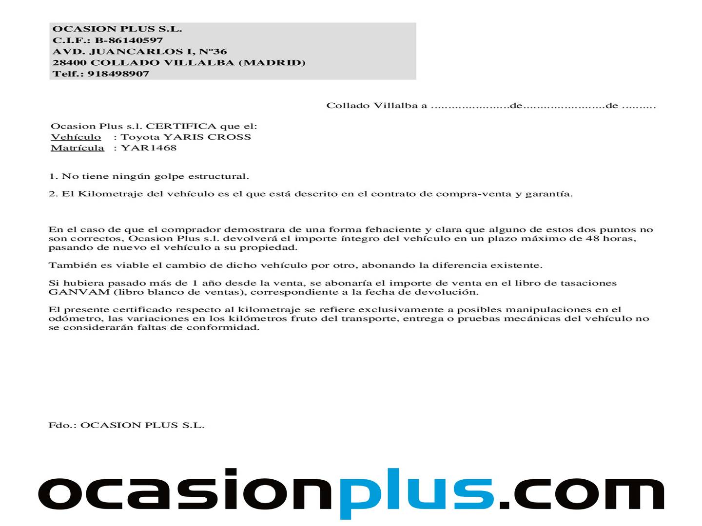 Foto del certificado del Toyota Yaris Cross Toyota Yaris Cross 120H Business Plus (116 CV)