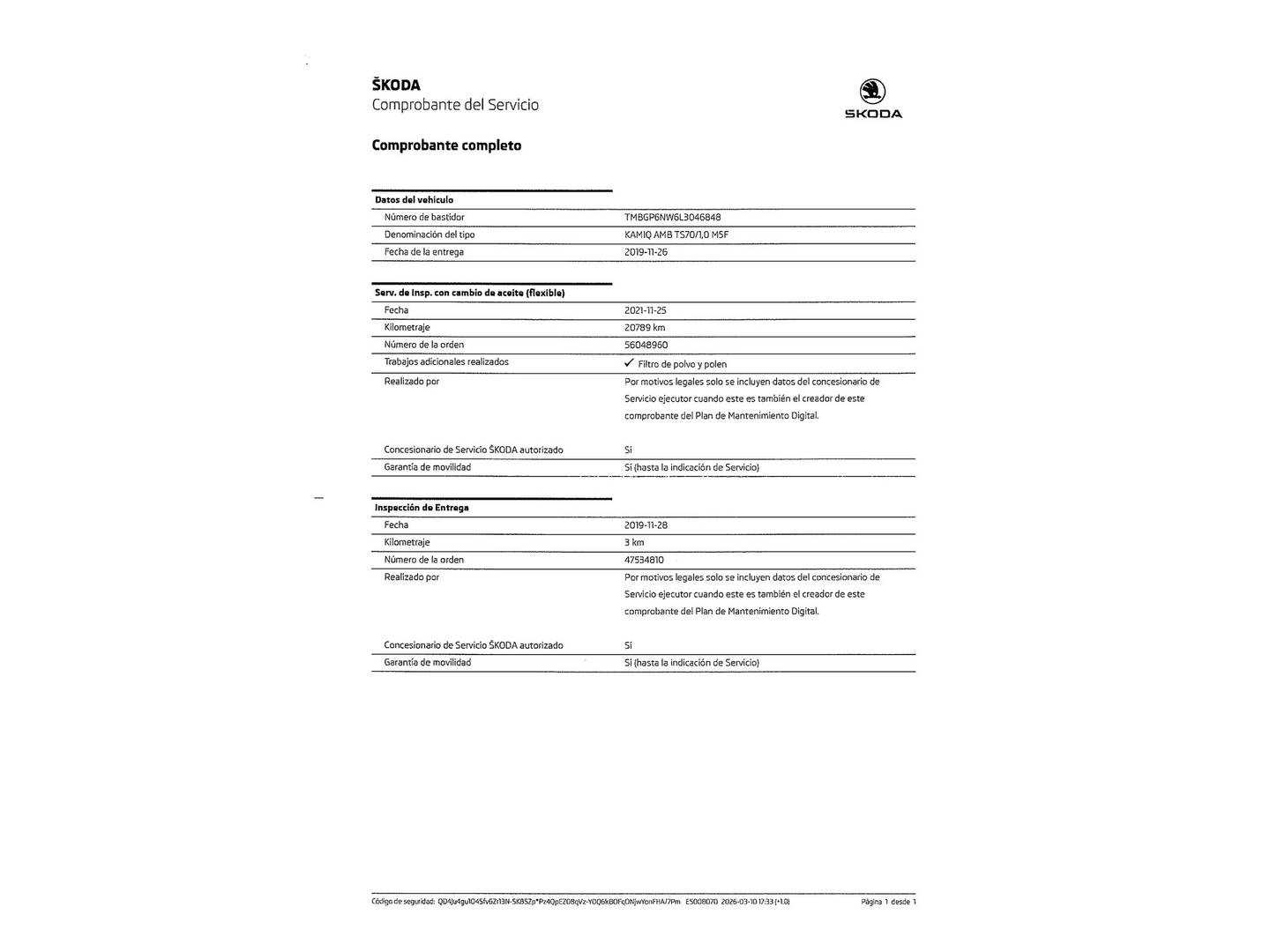 Foto del mantenimiento del Skoda Kamiq Skoda Kamiq 1.0 TSI Ambition (95 CV)