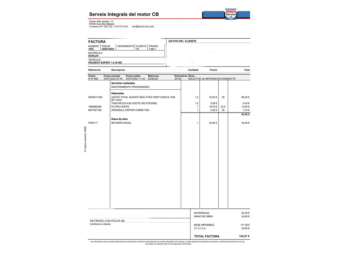Foto del mantenimiento del Peugeot Expert Peugeot Expert Furgon BlueHDi 100 Premium Long (102 CV)