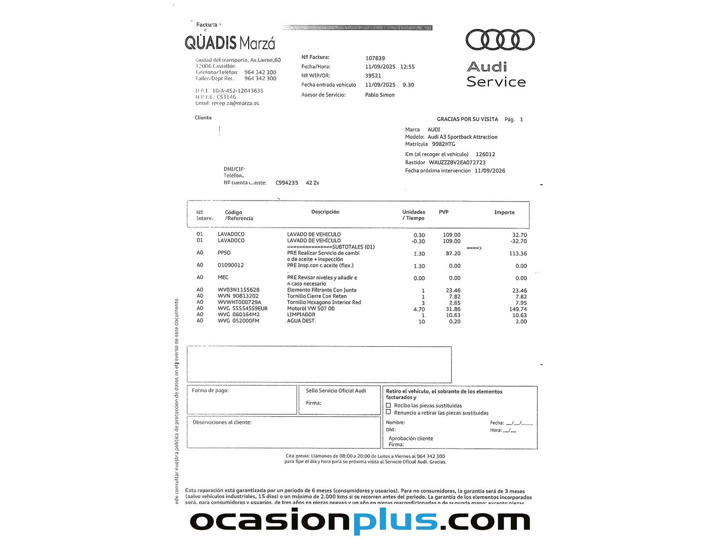 Foto del mantenimiento del Audi A3 Audi A3 Sportback Attraction Edición especial 1.6 TDI (105 CV)