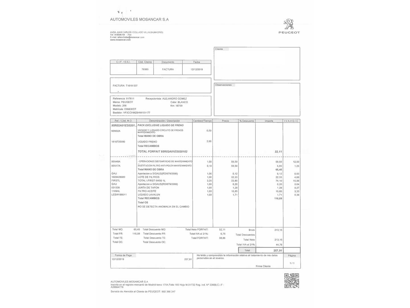 Foto del mantenimiento del Peugeot 208 Peugeot 208 PureTech 82 Style (82 CV)