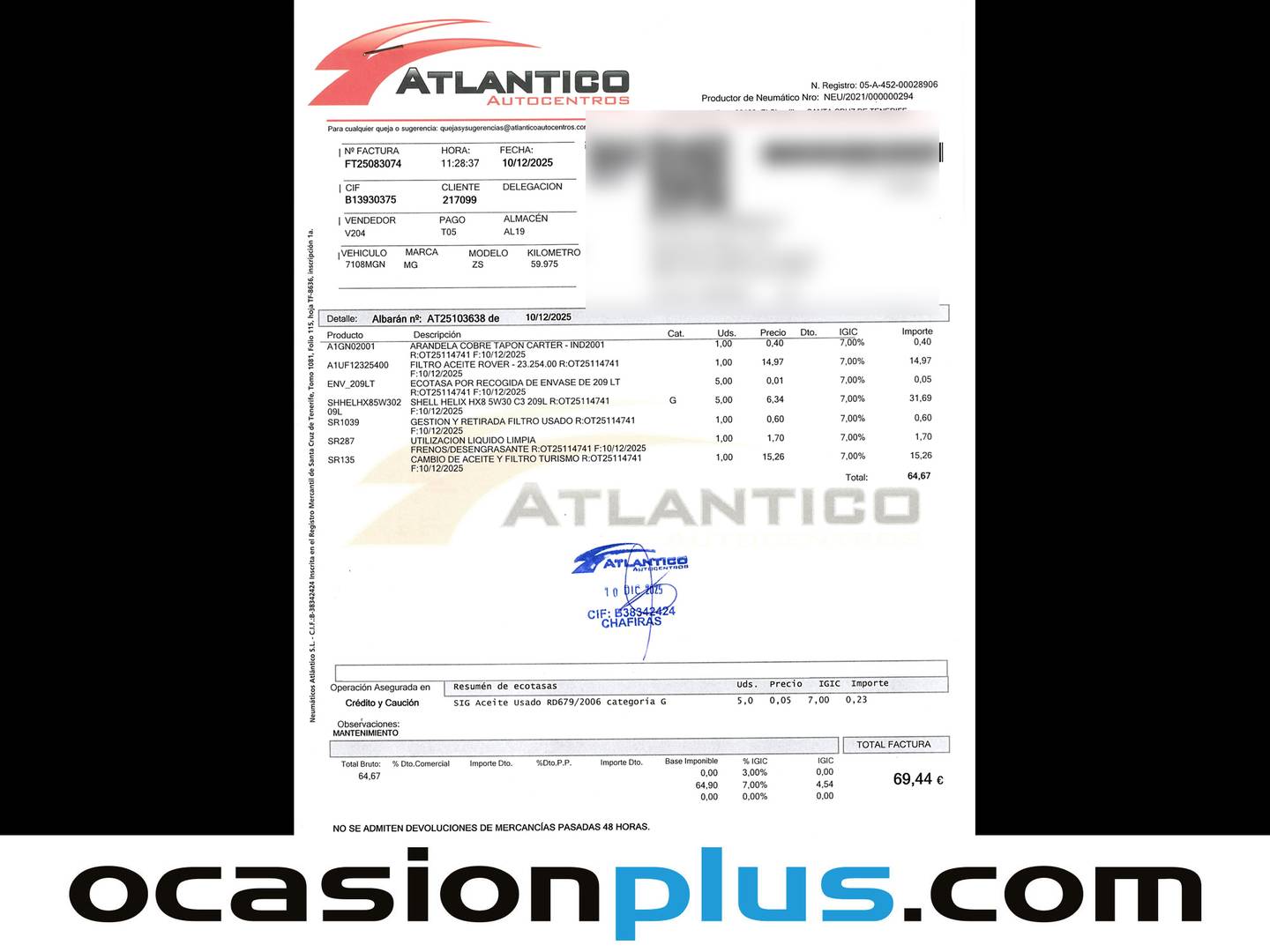 Foto del mantenimiento del MG ZS MG ZS 1.5 Luxury (106 CV)