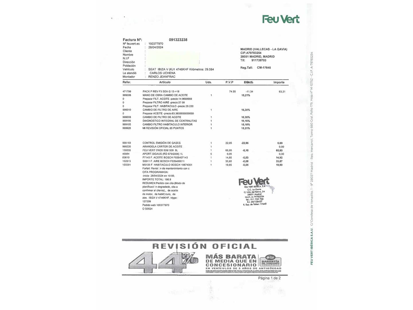 Foto del mantenimiento del Seat Ibiza Seat Ibiza 1.0 EcoTSI Xcellence S&S (95 CV)