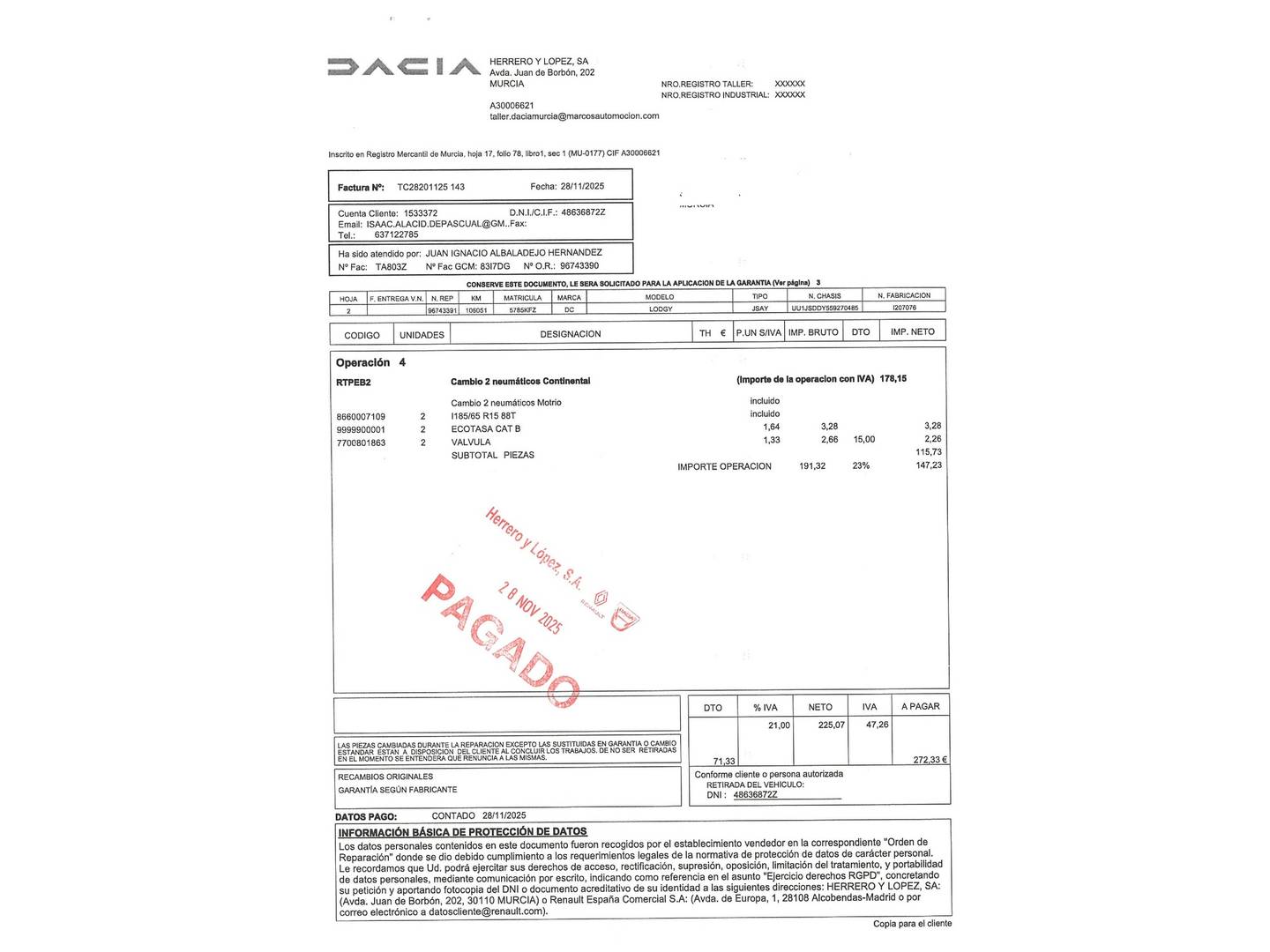 Foto del mantenimiento del Dacia Lodgy Dacia Lodgy Laureate TCe (115 CV)