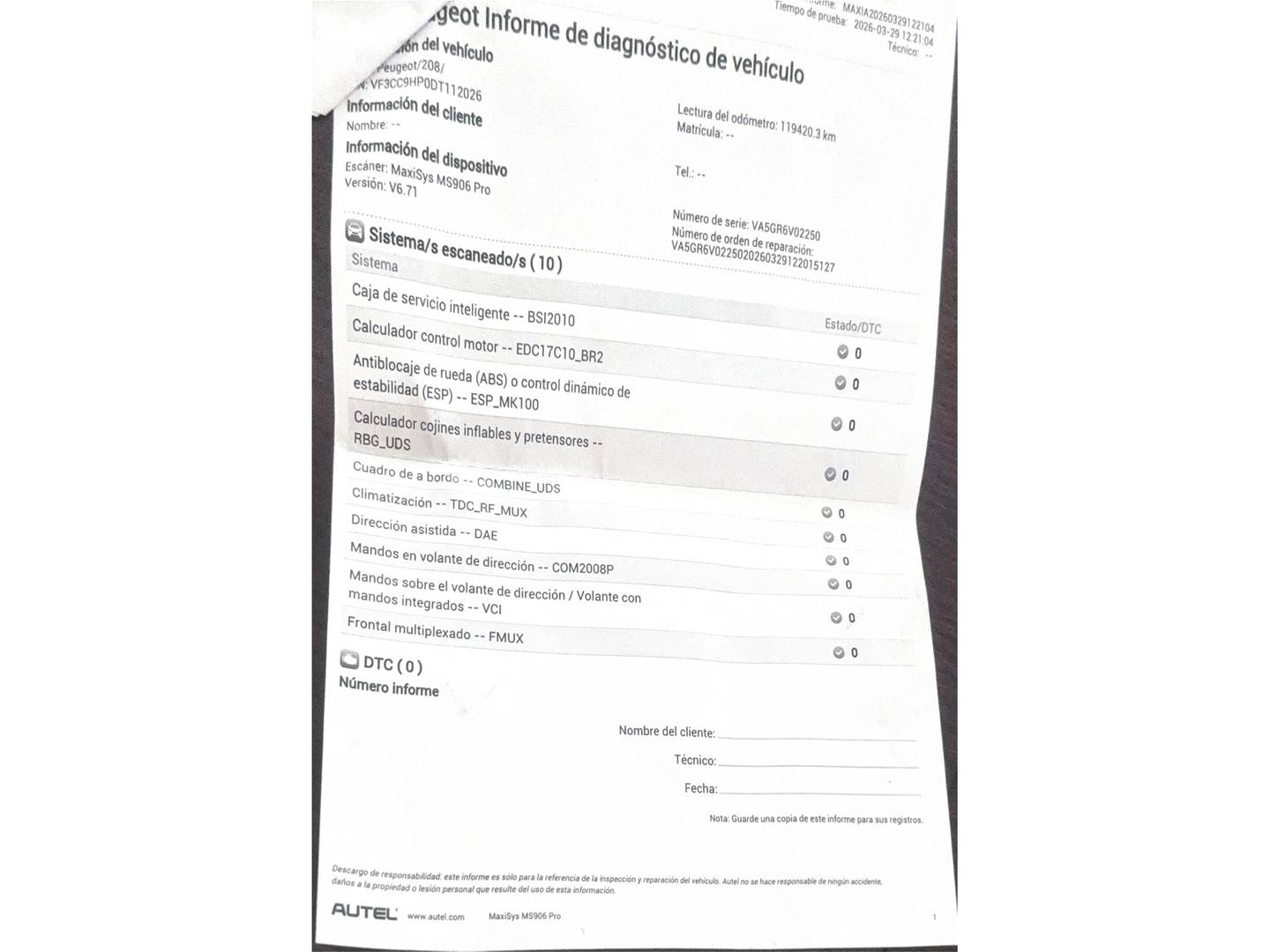 Foto del mantenimiento del Peugeot 208 Peugeot 208 1.6 e-HDI Active (92 CV)