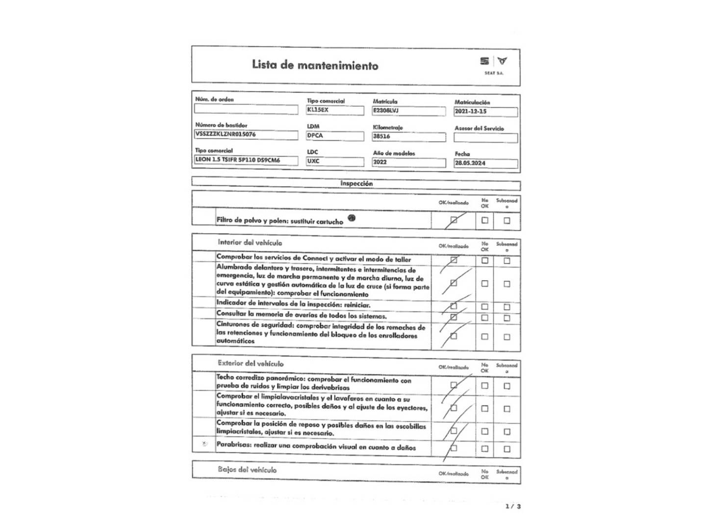 Foto del mantenimiento del Seat León Seat León 1.5 TSI S&S FR Go L (150 CV)