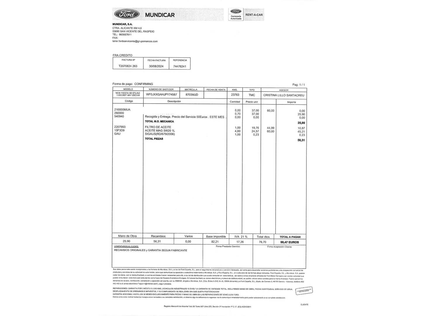 Foto del mantenimiento del Ford Fiesta Ford Fiesta 1.0 EcoBoost MHEV ST-Line (125 CV)