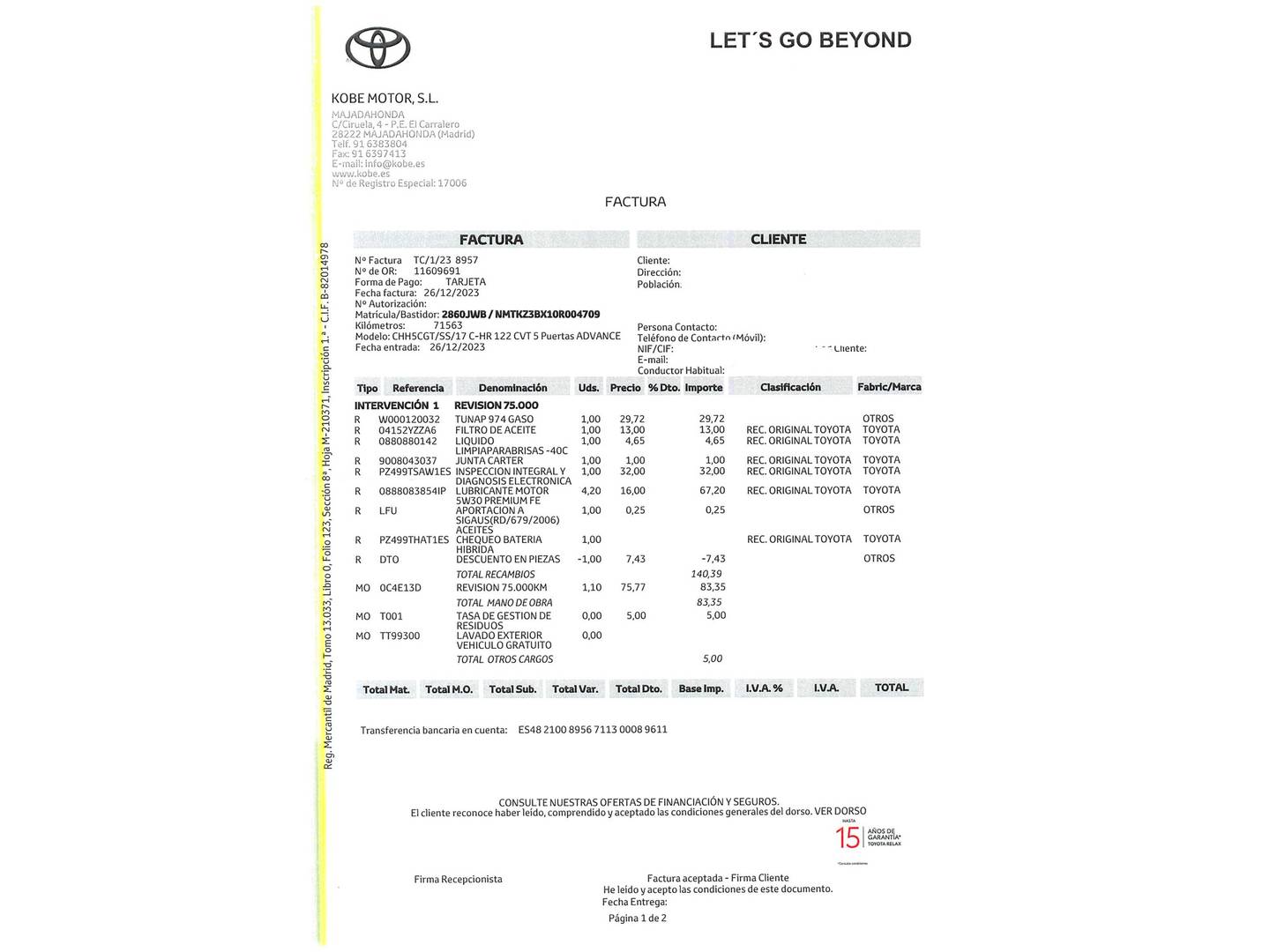 Foto del mantenimiento del Toyota C-HR Toyota C-HR 1.8 125H Advance (122 CV)
