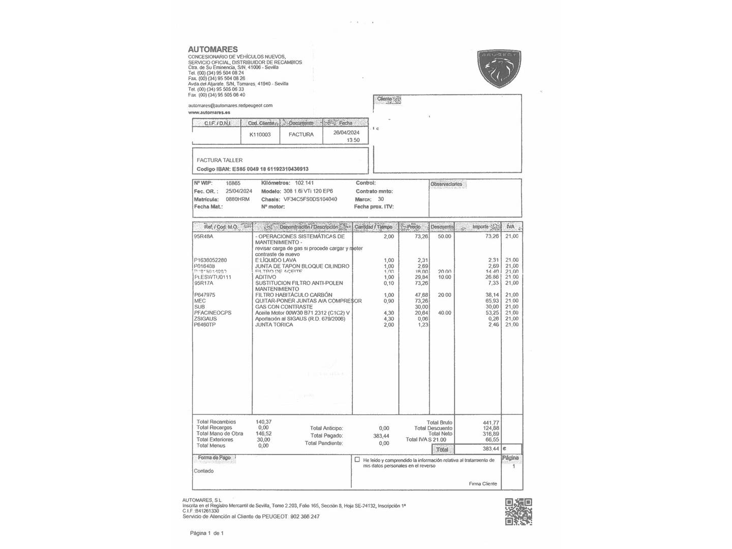Foto del mantenimiento del Peugeot 308 Peugeot 308 1.6 VTi Active (120 CV)