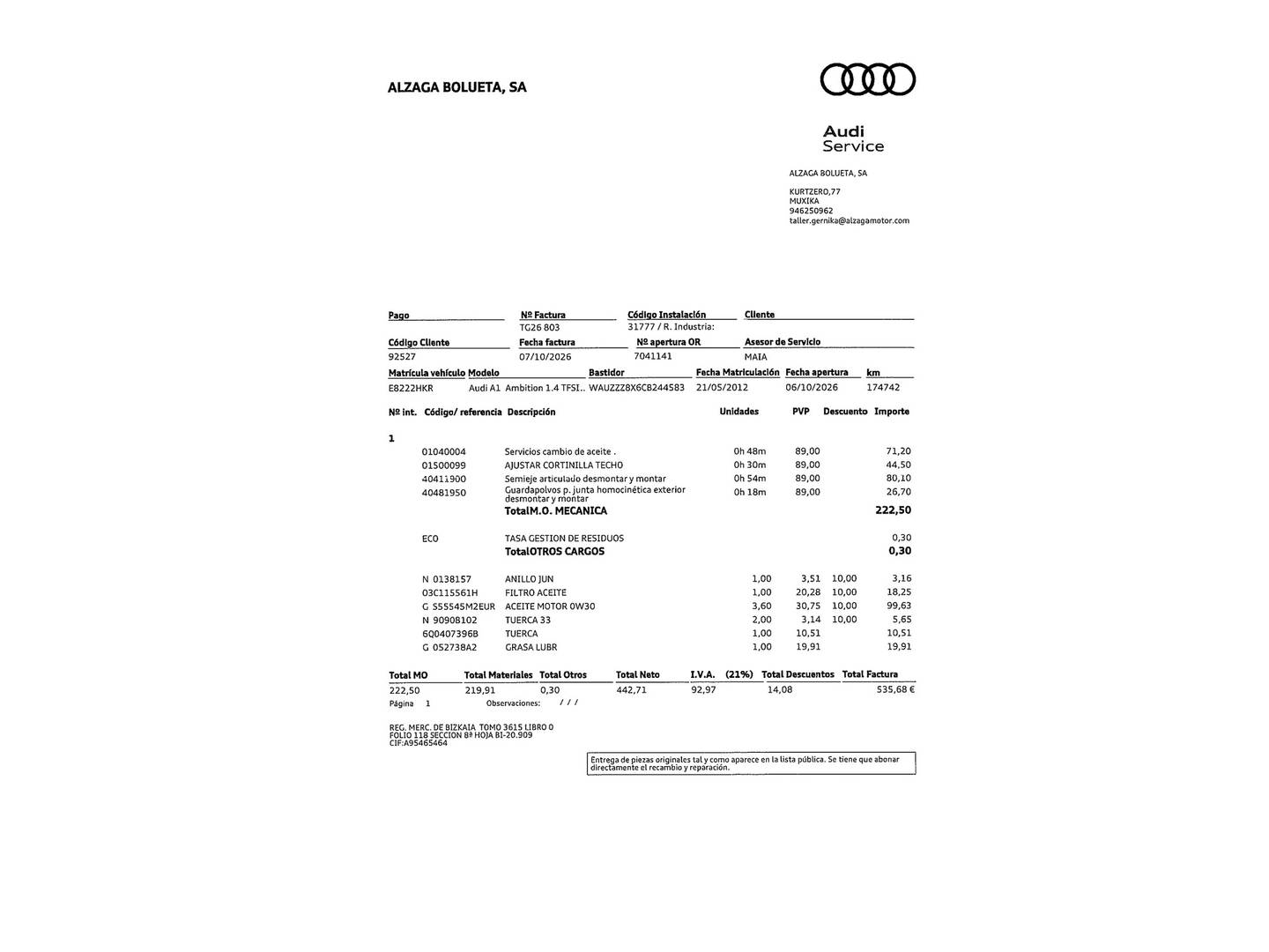 Foto del mantenimiento del Audi A1 Audi A1 Ambition 1.4 TFSI (185 CV) S tronic Pack S-Line