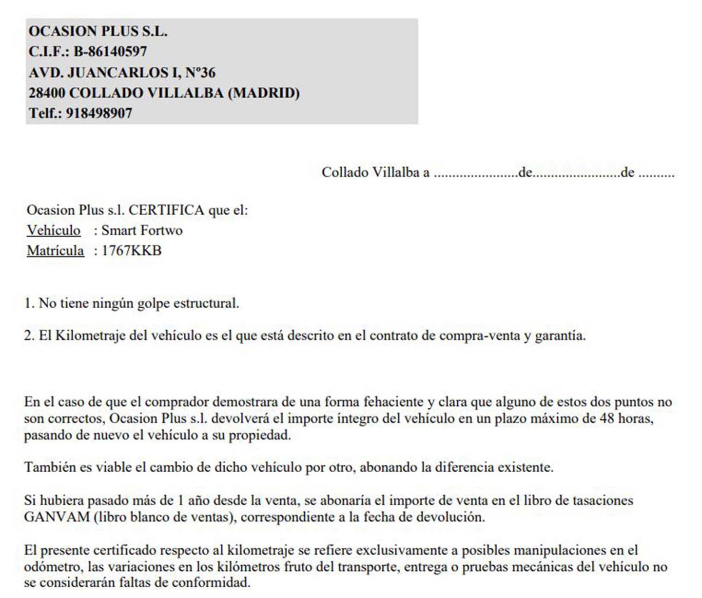 Foto del certificado del Smart fortwo Smart ForTwo Coupe 66 (90 CV)