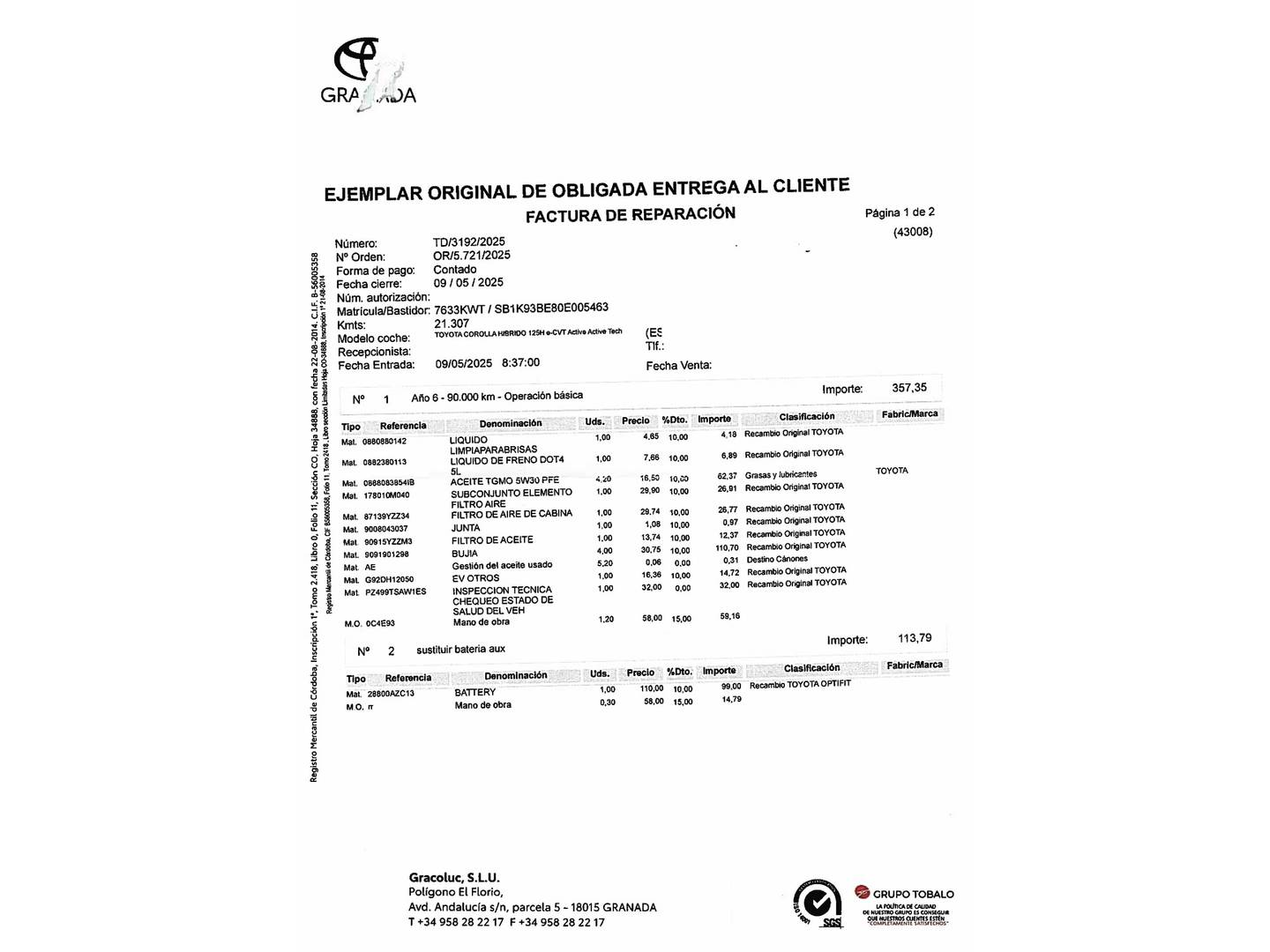 Foto del mantenimiento del Toyota Corolla Toyota Corolla 125H Active E-CVT (122 CV)