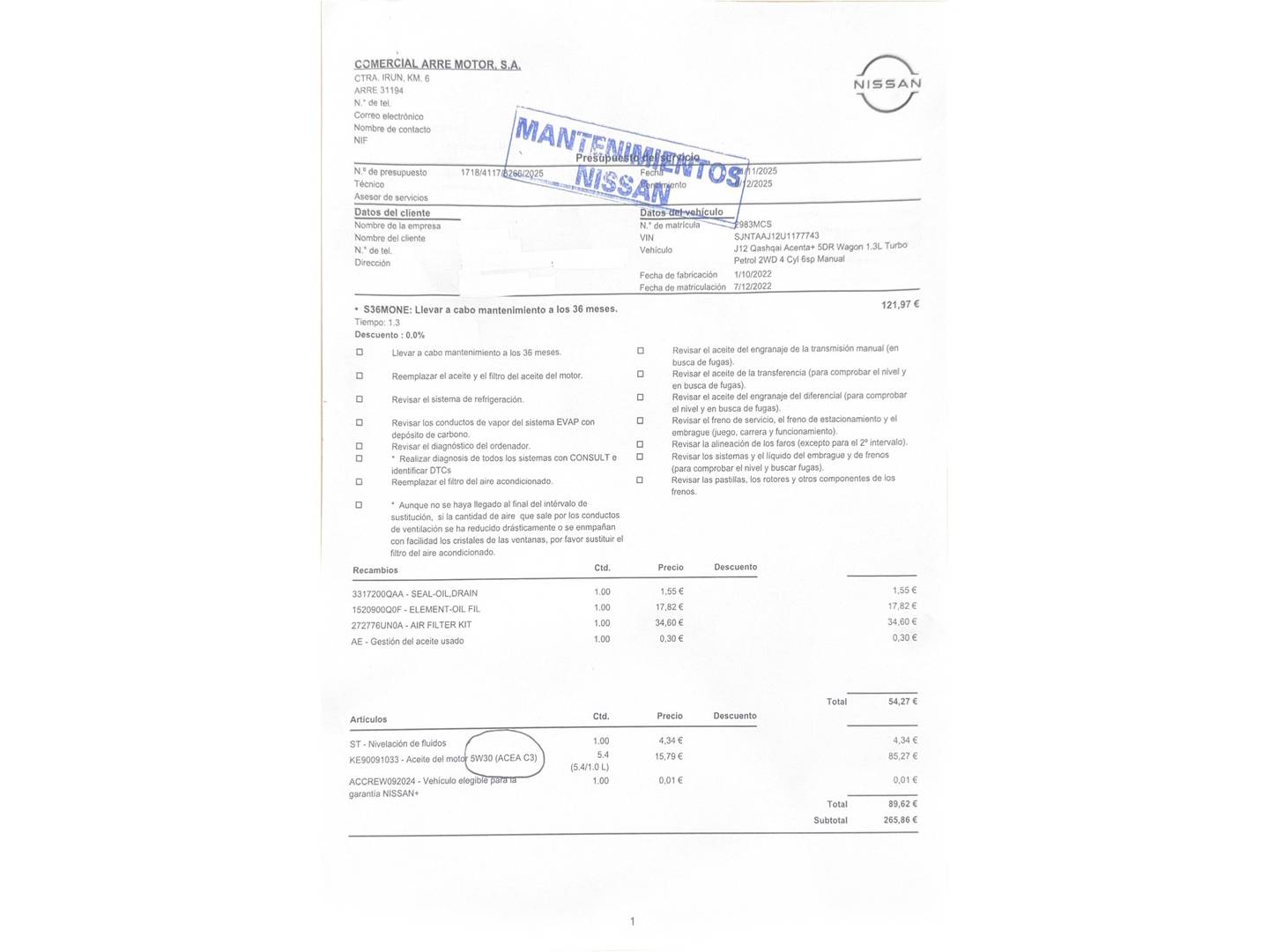 Foto del mantenimiento del Nissan QASHQAI Nissan Qashqai DIG-T 140 mHEV N-Connecta 4x2 (140 CV)