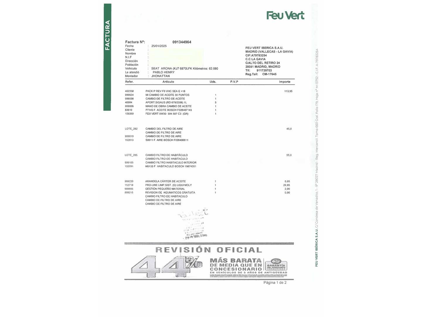 Foto del certificado del Seat Arona Seat Arona 1.0 TSI Ecomotive FR (115 CV)