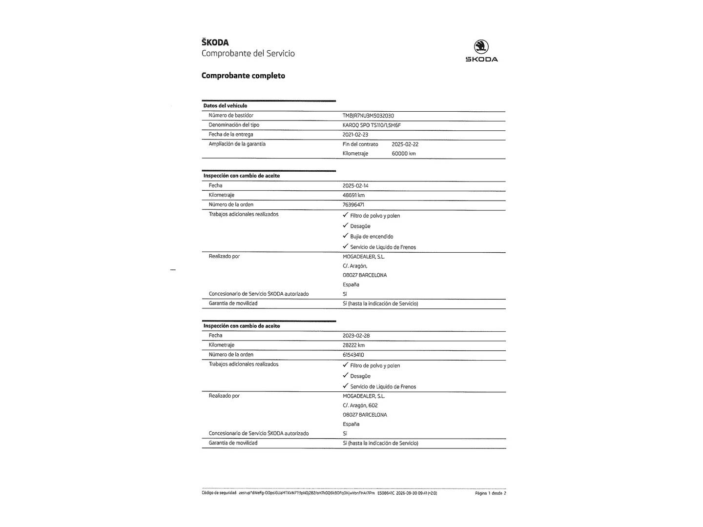 Foto del mantenimiento del Skoda Karoq Skoda Karoq 1.5 TSI ACT Sportline (150 CV)