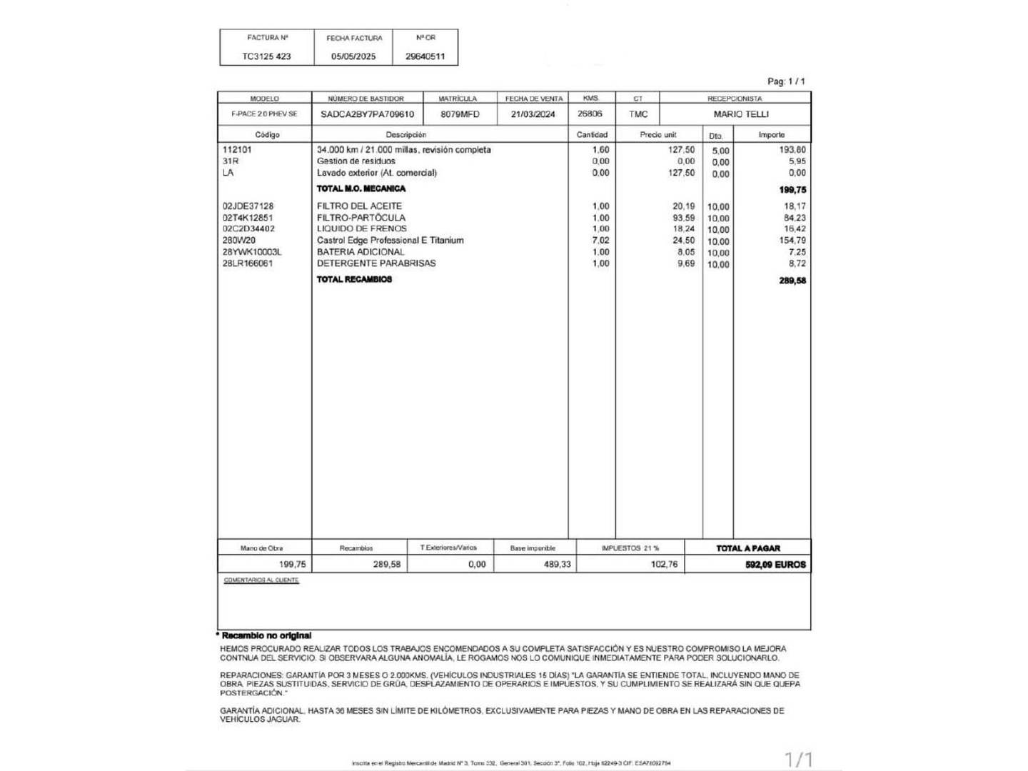 Foto del mantenimiento del Jaguar F-Pace Jaguar F-PACE 2.0 I4 PHEV SE AWD Auto  (404 CV)