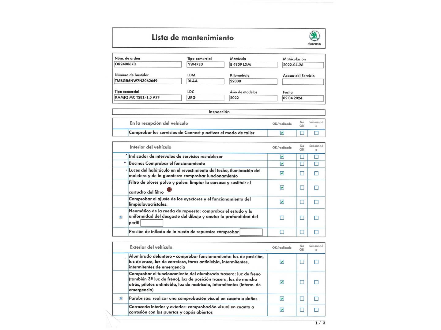 Foto del mantenimiento del Skoda Kamiq Skoda Kamiq 1.0 TSI Montecarlo DSG (110 CV)